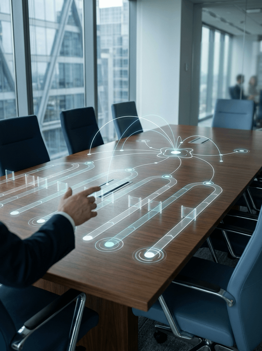 Conference table with subtle AI roadmap layers and outcome nodes
