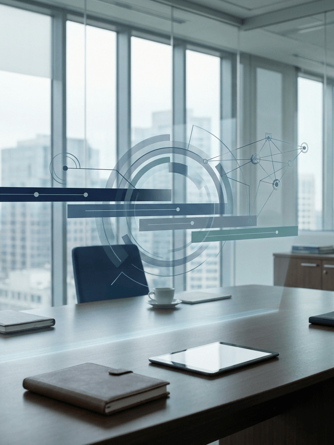 Executive office with subtle AI milestone and strategy network overlays