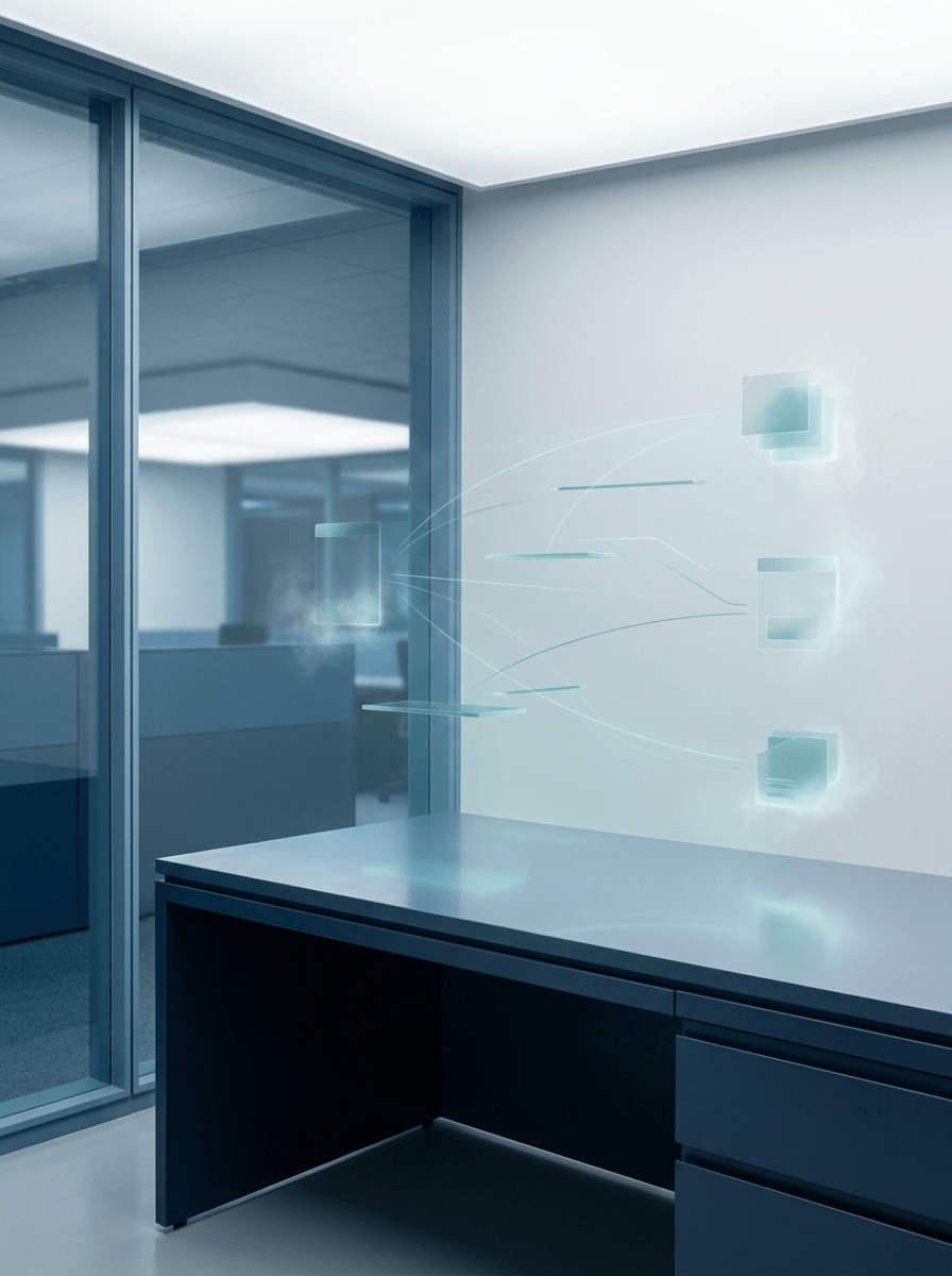 AI lab desk with subtle connected system integration pathways