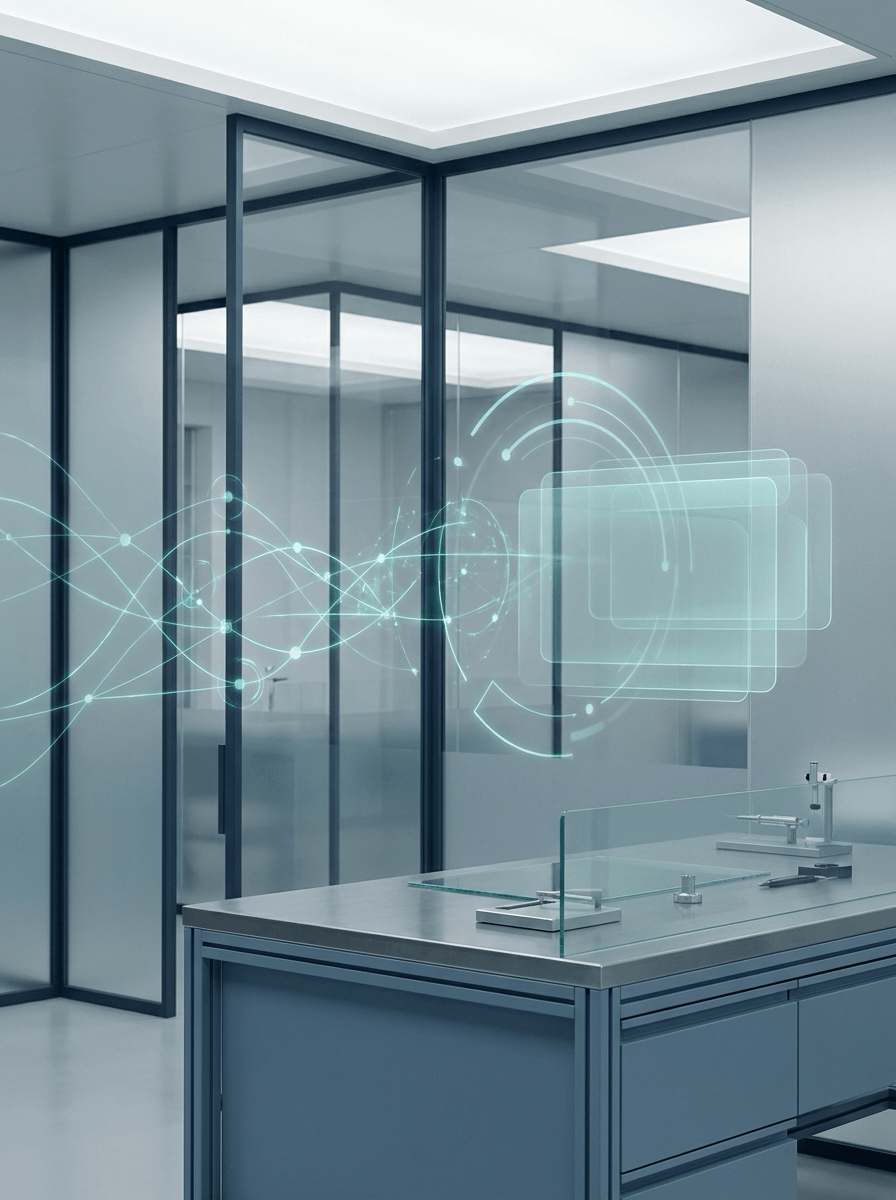 AI lab workspace with subtle optimization and feedback loop overlays