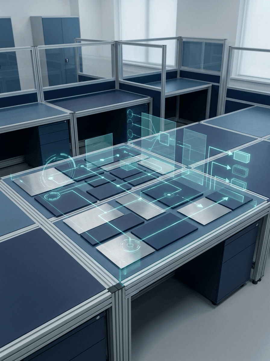 AI lab workspace with subtle solution architecture overlays