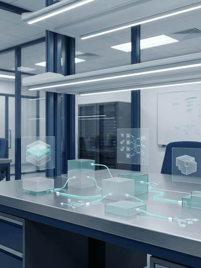 Engineering lab office with subtle custom AI application architecture