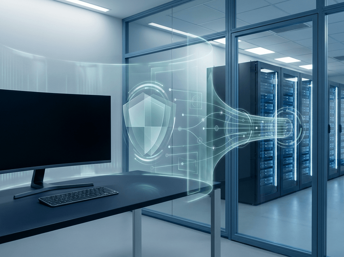 Secure office workspace with subtle AI safety and compliance paths