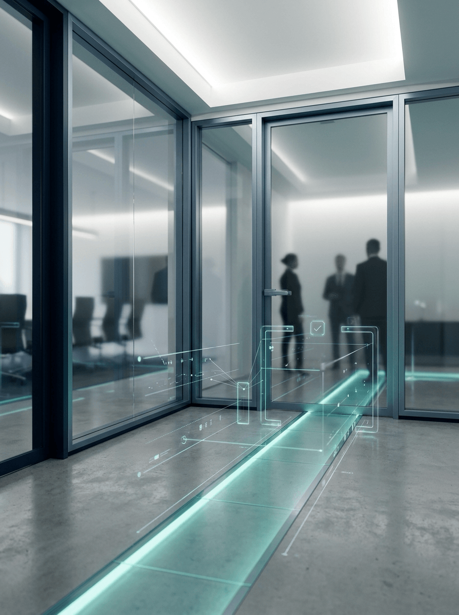 Modern office threshold with subtle safe AI adoption entry paths